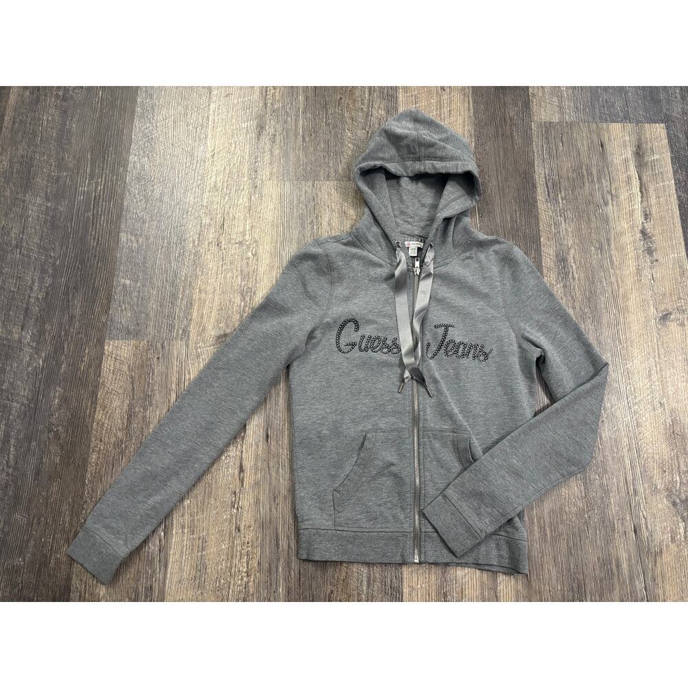 Guess Jeans Womens Heather Gray Studded Logo Zip Up Hoodie XS‎ Q64Q00K2HY0